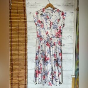 Vtg A Line Midi Dress Floral Colorful Botton Up V Neck Lunch Party Large